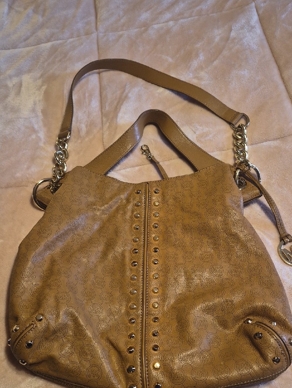 Michael Kors Tan Logo Studded Shoulder Hobo EUC
